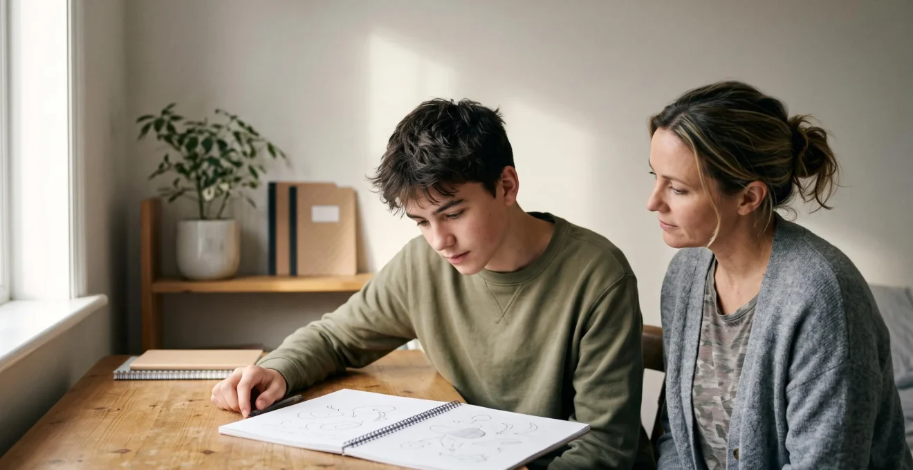 A teenager and a parent sitting together at a home desk, calmly reviewing a weekly planning layout, symbolizing collaborative coaching of executive function skills