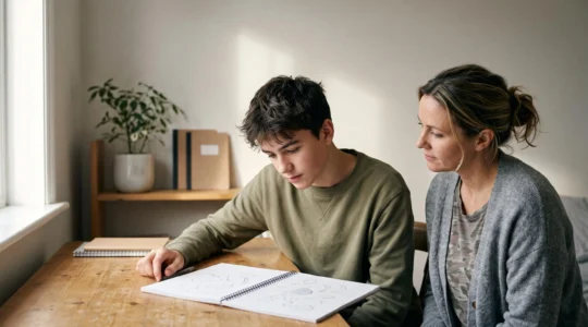 A teenager and a parent sitting together at a home desk, calmly reviewing a weekly planning layout, symbolizing collaborative coaching of executive function skills