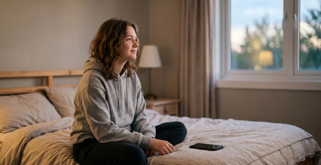 A teenager sitting on a bed edge at dusk with a phone placed face-down beside them, symbolizing stepping away from compulsive scrolling