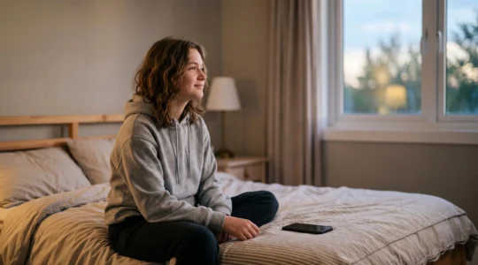 A teenager sitting on a bed edge at dusk with a phone placed face-down beside them, symbolizing stepping away from compulsive scrolling