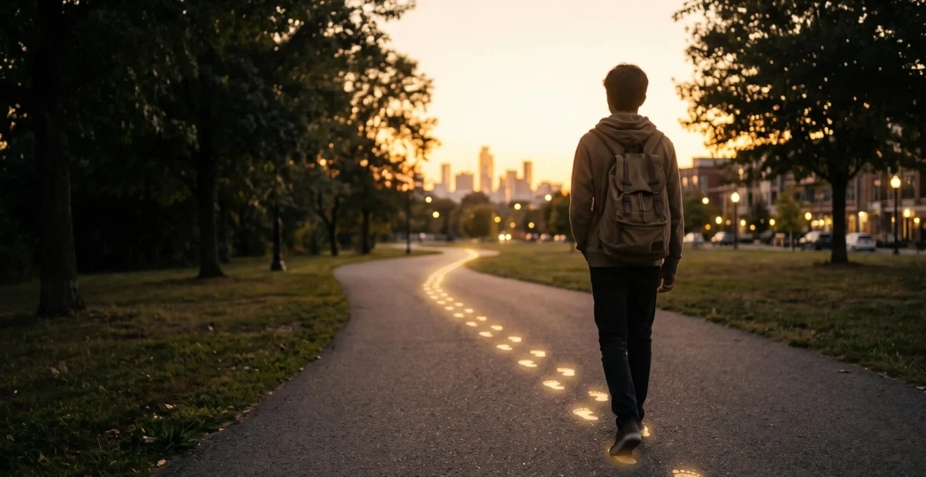Silhouette of a teenager walking on a path where footprints turn into subtle glowing data trails leading toward a distant professional skyline
