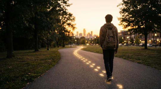 Silhouette of a teenager walking on a path where footprints turn into subtle glowing data trails leading toward a distant professional skyline
