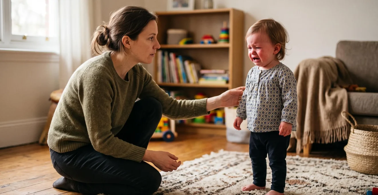 A parent kneeling at eye level with a distressed toddler during a tantrum, offering a calm, grounded presence