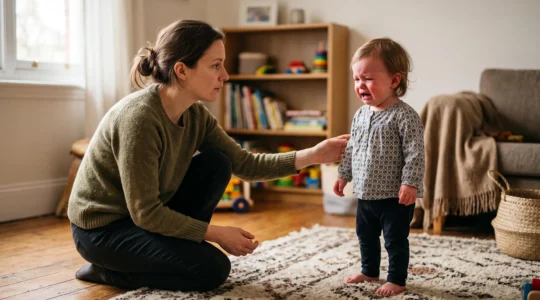 A parent kneeling at eye level with a distressed toddler during a tantrum, offering a calm, grounded presence