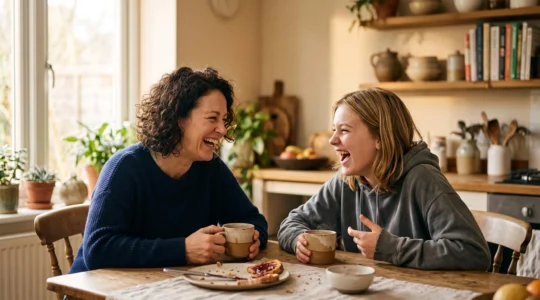 A parent and teenager sharing a relaxed, laughing moment during a weekend morning ritual at a kitchen table bathed in soft light.